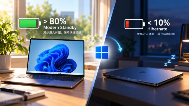 [测试命令] 微软在Win11里调整自适应休眠策略 高电量时更快唤醒 低电量时提前休眠